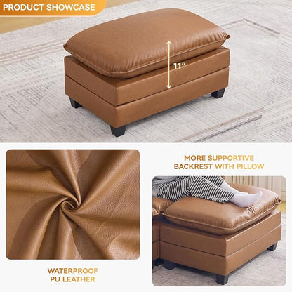 WUTUTUEE 35'' Modern Leather Cloud Sofa Ottoman,Rectangle Ottoman for Modular Sectional Sofa, Leather Light Brown