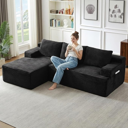 96" Cloud Sectional Couch with L-Shape Chaise, Modular Comfy Sofa Chaise Longue, Upholstered Corduroy Couches Sleeper with Deep Seat for Living Room Bedroom, No Assembly Required(Black, Left Facing)