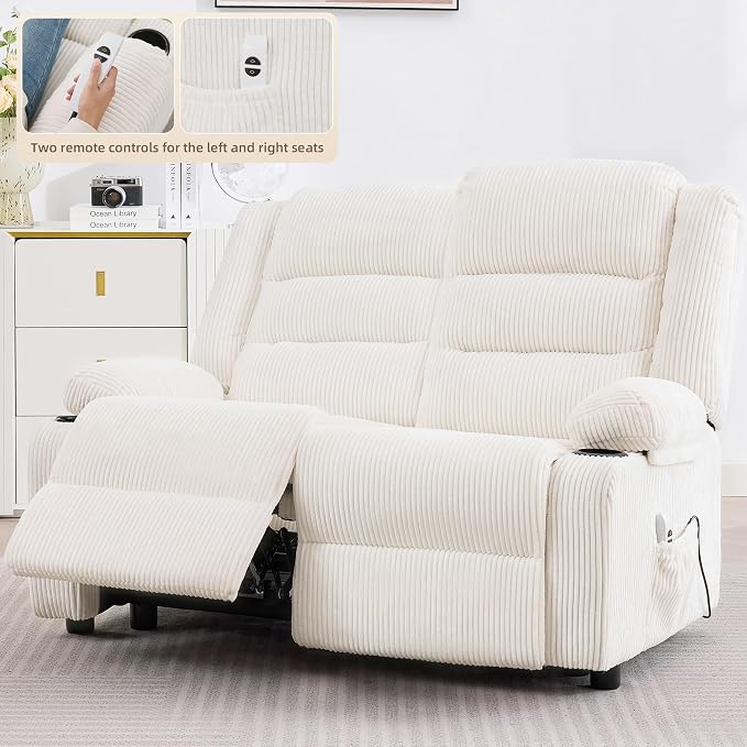 52Inch Reclining Loveseat Sofa,Power Loveseat Recliner,Electric Love seat Recliner Sofa for Bedroom,Living Room with Charging Ports,Striped White