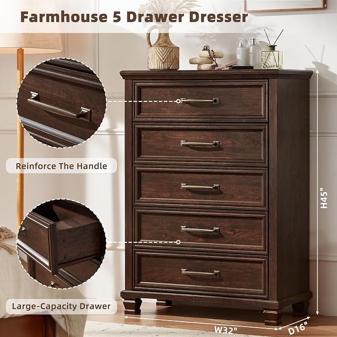 SAVOR LIFE Farmhouse Chest of Drawers for Bedroom, 45” Tall Dresser for Closet, Rustic Wood Dressers for Bedroom, Hallway, Entryway, Walnut