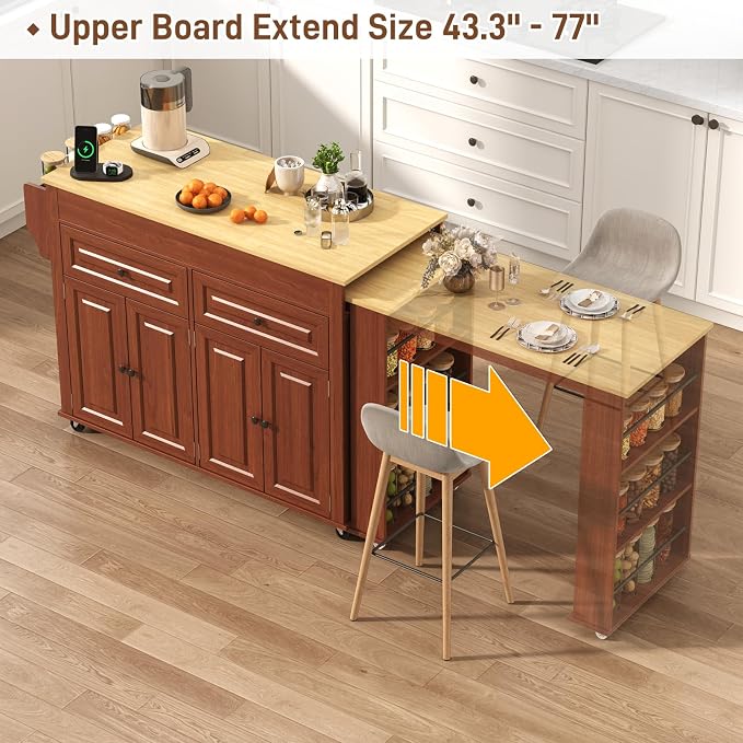 80"-48" Extendable Kitchen Island with Extended Dining Table and Power Outlet,Large Mobile Kitchen Storage Islands with 2 Storage Drawers,Rolling Islands Cart with 3 Extra Rows Open Shelves(Brown)