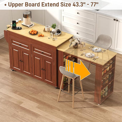 80"-48" Extendable Kitchen Island with Extended Dining Table and Power Outlet,Large Mobile Kitchen Storage Islands with 2 Storage Drawers,Rolling Islands Cart with 3 Extra Rows Open Shelves(Brown)