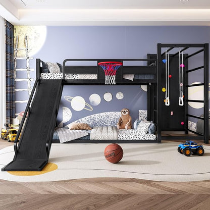 Harper & Bright Designs Metal Floor Bunk Bed with Basketball Hoop and Climbing Wall, Twin Over Twin Bunk Bed with Slide and Storage Bookshelves for Sports Enthusiasts Kids Teens, Black
