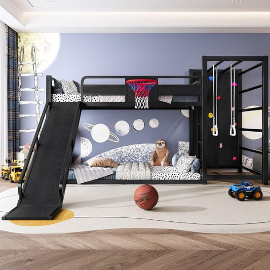 Harper & Bright Designs Metal Floor Bunk Bed with Basketball Hoop and Climbing Wall, Twin Over Twin Bunk Bed with Slide and Storage Bookshelves for Sports Enthusiasts Kids Teens, Black