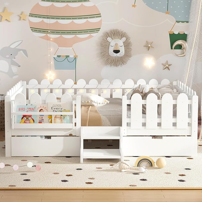 Bellemave Queen Size Montessori Bed with Stairs, Lights, Rails and Slats, Queen Size Montessori Floor Bed with Bookshelf and 2 Storage Drawers, Easy Assemble Beds Frame for Girls, Boys, White