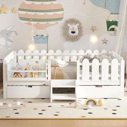 Bellemave Queen Size Montessori Bed with Stairs, Lights, Rails and Slats, Queen Size Montessori Floor Bed with Bookshelf and 2 Storage Drawers, Easy Assemble Beds Frame for Girls, Boys, White