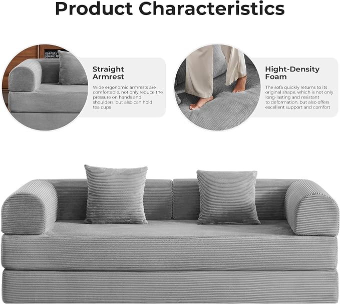 79" 5-in-1 Convertible Sofa Bed No Assembly, Boneless Couch Bed with High Density Foam, Foldable Sleeper Sofa, Corduroy Modular Couch for Apartment, Studio, Dorm Room, Small Space, Light Grey