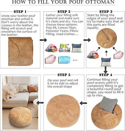 Thgonwid Unstuffed Moroccan Faux Leather Pouf Ottoman Cover with Storage - Boho Chic Multi-Use Footrest for Living Room, Bedroom, Patio - Round Ethnic Floor Cushion & Decorative Accent, Khaki