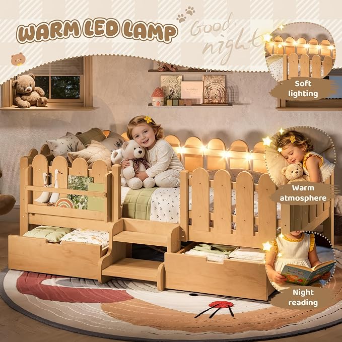 Bellemave Twin Kids Montessori Bed with Stairs, Bookshelf and LED Lights, Solid Wood Kids Bed Frame with Storage Drawers for Boys Girls, Low Profile,Natural