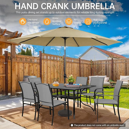 SUNCROWN 8 - Piece Outdoor Dining Set, Patio Furniture Set with 6 Textilene Dinning Chairs, 1 Rectangle Metal Table and 1 Brown 9Ft Patio Umbrella for Lawn Garden Backyard Deck, Grey