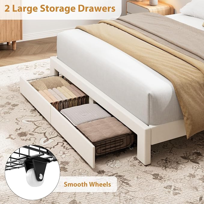 Garvee Full Size Bed Frame with 2 Storage Drawers & Adjustable Headboard, Velvet Upholstered Platform Full Bed Frame, Wooden Slats Support, No Box Spring Needed, Easy Assembly, Beige