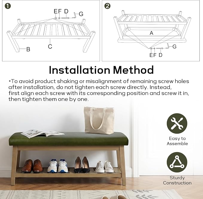 Entryway Bench with Cushion, Upholstered Shoe Rack Bench with Solid Wood Shelf, 44" End of Bed Bench for Bedroom, Chenille Fabric Storage Bench for Entryway, Hallway, Living Room (PU-Green)