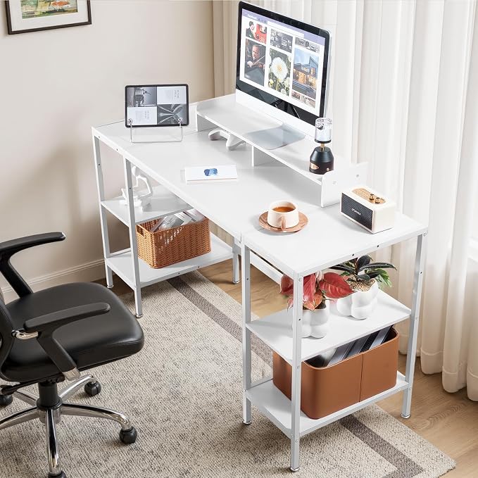 MINOSYS Computer Desk 55-inch with Storage Shelf - White Ideal Gaming Desk for Bedrooms, Small Spaces, and Home Offices Modern Writing Desk for PCs.