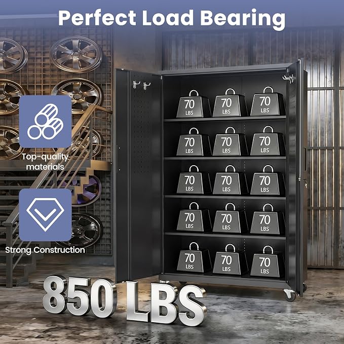 Metal Garage Storage Cabinet with Locking Doors and Adjustable Shelves, Wide & Deep Garage Cabinet on Wheels, 71" Rolling Tool Cabinet for Garage, Basement, Home Office