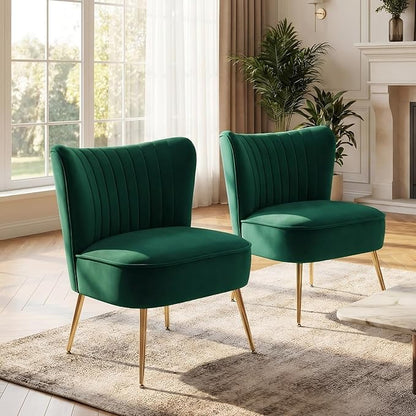 DUOMAY Modern Accent Chair Set of 2 Velvet Slipper Chair with Gold Legs Wingback Side Chair for Living Room Bedroom Entryway Small Corner Chair for Space Saving, Green