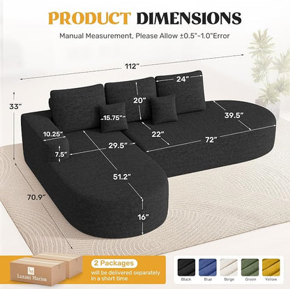 112" Modern Curved Cloud Couch, Chenille Boneless Couches for Living Room with Deep Seat, Memory Foam Compressed Modular Sectional Sofa, No Assembly Required,Black 1 PCS