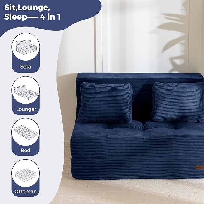 MAXYOYO Convertible Sofa Bed, Fold Out Sofa Couch with Pillow, 4 in 1 Tufted Folding Couch Bed Foam Floor Couch, Lazy Chair for Living Room Bedroom Guest Room, Navy
