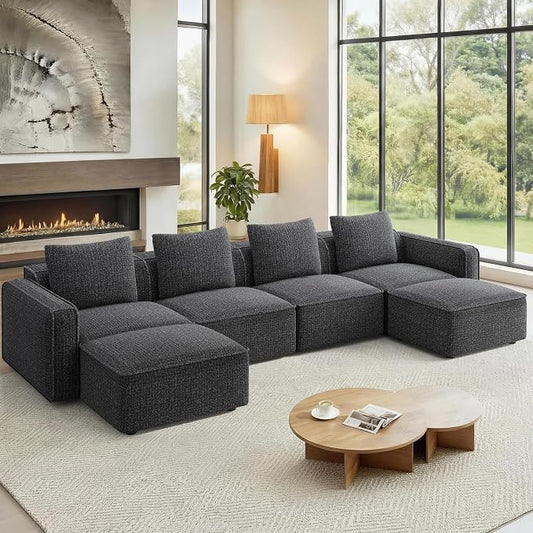 Welzona 132" Locked-in Modular Couch, Minimalist Modular Sectional Sofa, Tool-Free Setup U Shaped Couch & Ottoman, Wood Frame Sofas for Living Room, 22" Deep Seat Chenille Cloud Couch Sectional, Black