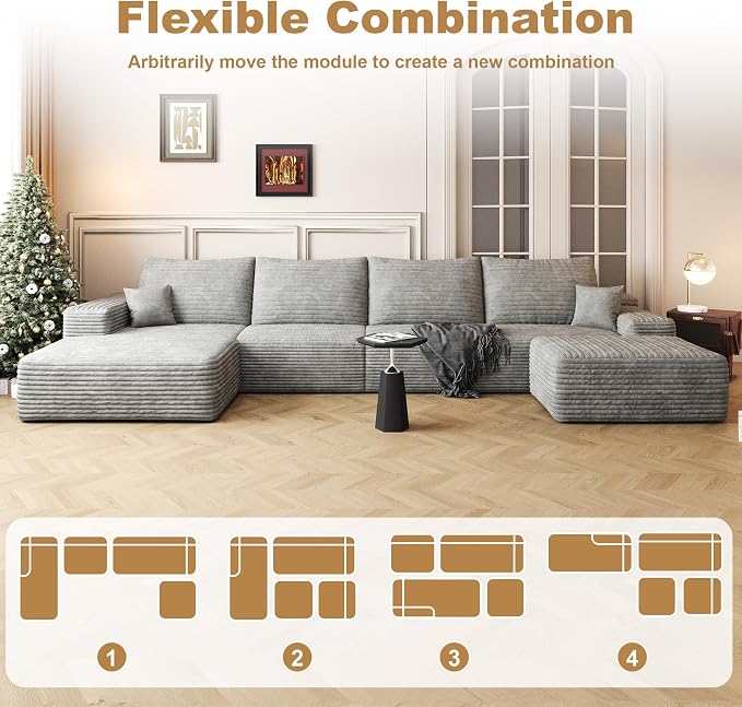 AUGOP 136" Sectional Couches for Living Room Modern Modular Sofa with L-Shape Couchs Upholstered Boneless Couch Deep Seat Sectional Couch with Chaise (Grey, Left Facing Chaise+3Seaters+Ottoman)