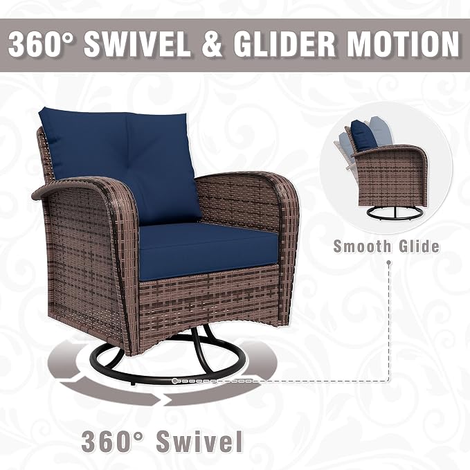 7 Piece Patio Conversation Set – 2 Swivel Rocking Chairs, 2 Coffee Tables & 3-Seater Sofa | PE Wicker Patio Sectional | Heavy-Duty Steel Frame & Weatherproof Cushions, Blue