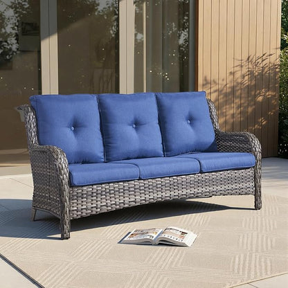 Outdoor Couch All Weather PE Wicker Patio Sofa Outdoor Sofa Deep Seating for Porch Deck Backyard-Grey/Blue