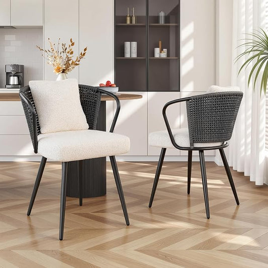 Rattan Dining Chairs Set of 2, Upholstered Kitchen Chair with Metal Legs, Ergonomic Curved Backrest, Mid Century Modern Living Room Chairs with Throw Pillow, Dark Gray