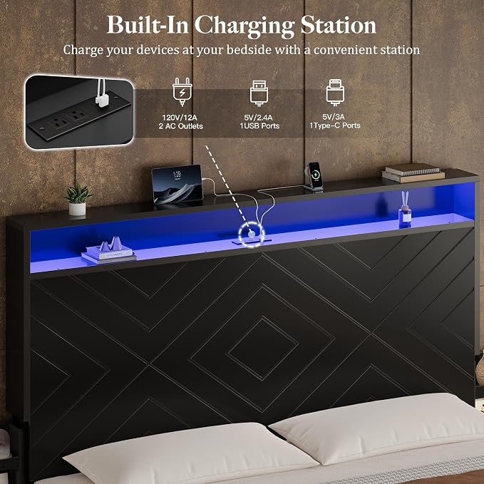 King Size Bed Frame with 2 Bedside Stoage Racks & 4 Locking Drawers, 51.18" Tall Headboard with Charging Station & RGB LED Lights, Farmehouse Platform Bed Frame, No Box Spring Needed, Black