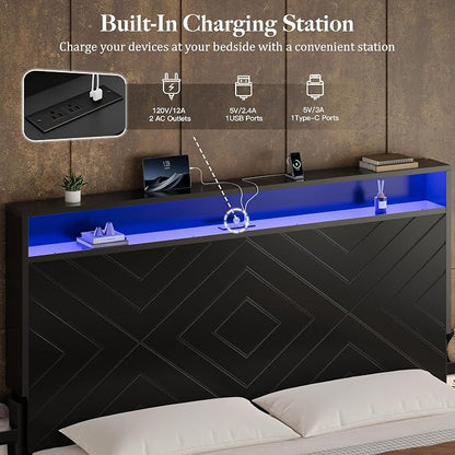 Queen Size Bed Frame with 2 Bedside Stoage Racks & 4 Locking Drawers, 51.2" Tall Headboard with Charging Station & RGB LED Lights, Farmehouse Platform Bed Frame, No Box Spring Needed, Black