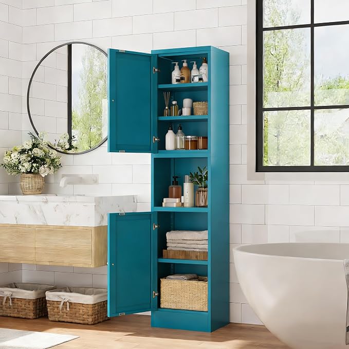Blue Narrow Storage Cabinet Tall Metal Storage Cbinets with 4 Adjustable Shelves Freestanding 5 Tier Slim Pantry Cabinet for Kitchen Office Small Space