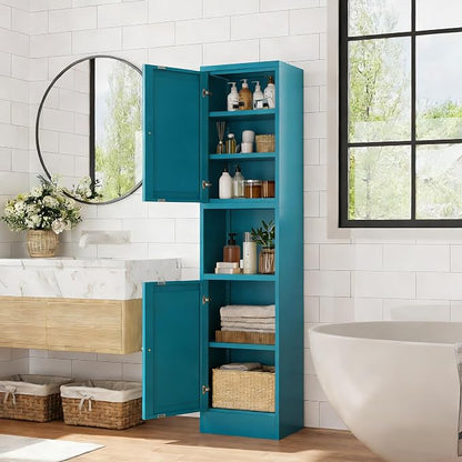 Blue Narrow Storage Cabinet Tall Metal Storage Cbinets with 4 Adjustable Shelves Freestanding 5 Tier Slim Pantry Cabinet for Kitchen Office Small Space