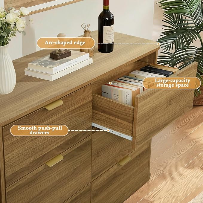 SoarFlash 3‑Piece Fluted Bedroom Furniture Set, 6‑Drawer Cabinet & 2‑Drawer Nightstands, French Modern Vintage Wood Storage Unit for Bedroom Entryway Hallway, Brown