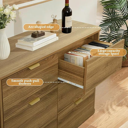 SoarFlash 3‑Piece Fluted Bedroom Furniture Set, 6‑Drawer Cabinet & 2‑Drawer Nightstands, French Modern Vintage Wood Storage Unit for Bedroom Entryway Hallway, Brown