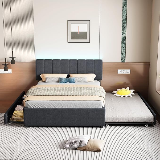 Full Size Upholstered Platform Bed w/Trundle Bed & 2 Storage Drawers | Twin Size Trundle,Two Drawers,LED Lighting Controlled by APP, USB+Type-C Charging Ports,Linen Upholstered Bed Frame,Dark Grey