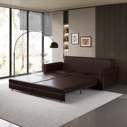93.7" King Pull Out Sofa Bed, Faux Leather Sleeper Sofa Couch, 3 in 1 Convertible Futon Couches for Living Room, Small Space, Apartment, Office, Bedroom, Modern Rivet Armrest, Dark Brown