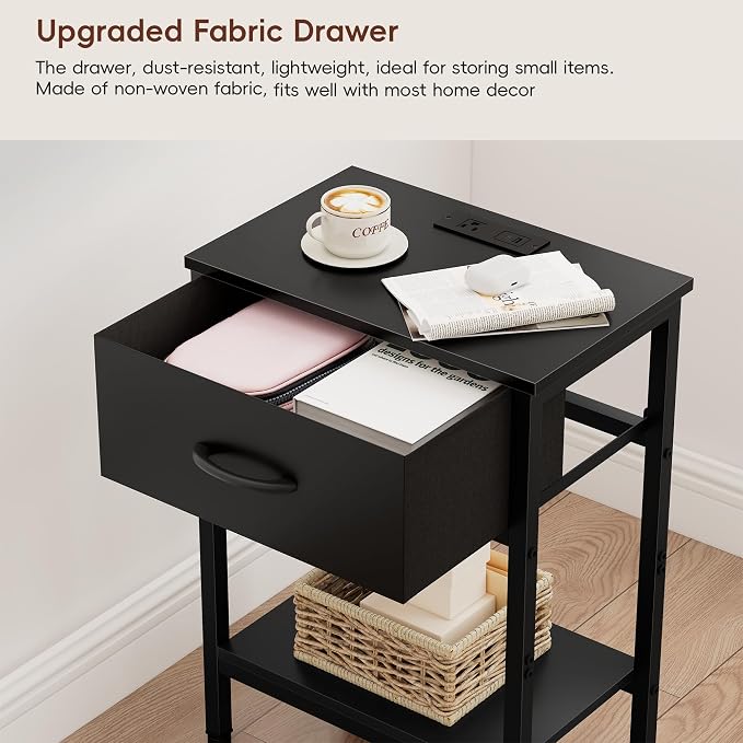 Vagusicc Nightstand Set of 2 with Charging Station, Bed Side Table with Fabric Drawer, Small End Table with 2-Tier Storage Shelves, 25.4" Tall Bedside Table, Black Night Stand for Bedroom, Living Room