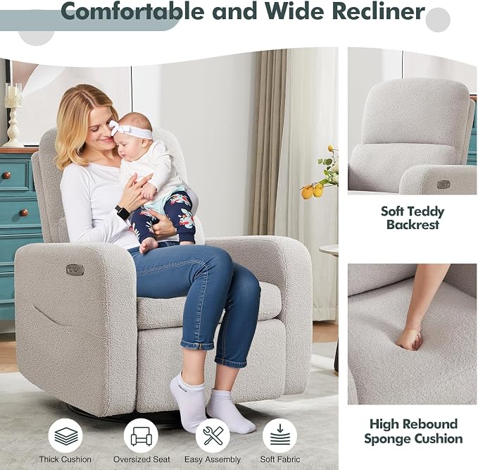 Power Swivel Rocker Recliner, Oversized Electric Boucle Recliner Chair, Teddy Swivel Glider Nursery Reclienr with Removable Cushion, Upholstered Recling Chair for Living Room Bedroom, Grey