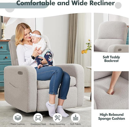 Power Swivel Rocker Recliner, Oversized Electric Boucle Recliner Chair, Teddy Swivel Glider Nursery Reclienr with Removable Cushion, Upholstered Recling Chair for Living Room Bedroom, Grey