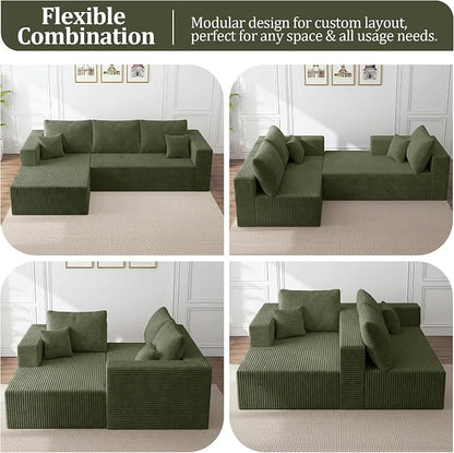 108" Modular Sectional Sofa, L-Shape Cloud Couch with Deep Seats & Chaise, 4-in-1 Covertible Corduroy Boneless Couches for Living Room, Bedroom, No Need Assembly - Green(Right Facing Chaise)