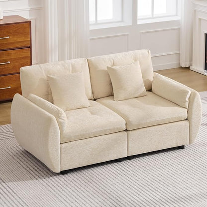 57" Modular Loveseat Cloud Sofa, Deep Seat Tufted Chenille Sectional Love Seat Couch with Curved Arms, 2-Seater Couches for Living Room, Beige