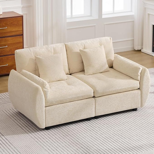 57" Modular Loveseat Cloud Sofa, Deep Seat Tufted Chenille Sectional Love Seat Couch with Curved Arms, 2-Seater Couches for Living Room, Beige
