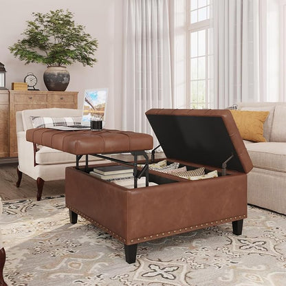 FiveWillowise Square Leather Ottoman with Storage, Faux Leather Coffee Table with Lift Top,Large Upholstered Footrest Stool Toy Box Storage Bench for Bedroom Living Room, Brown