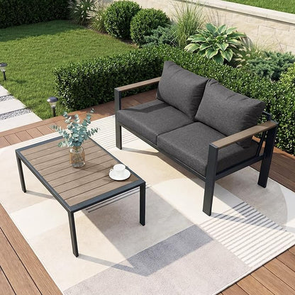 Patio Furniture Set Loveseat and Coffee Table All-Weather Patio Sofa with Washable Thick Cushions, Deluxe Aluminum Modern Outside Sectional for Porch, Balcony, Deck, Yard, Dark Gray