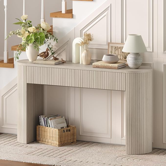 ONBRILL 55 Inch Console Table with 2 Drawers, Entryway Tables with Storage, Sofa Table Behind The Couch, Hallway Tables, Natural White
