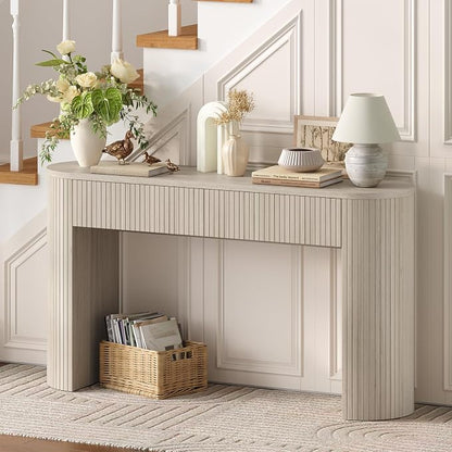 ONBRILL 55 Inch Console Table with 2 Drawers, Entryway Tables with Storage, Sofa Table Behind The Couch, Hallway Tables, Natural White