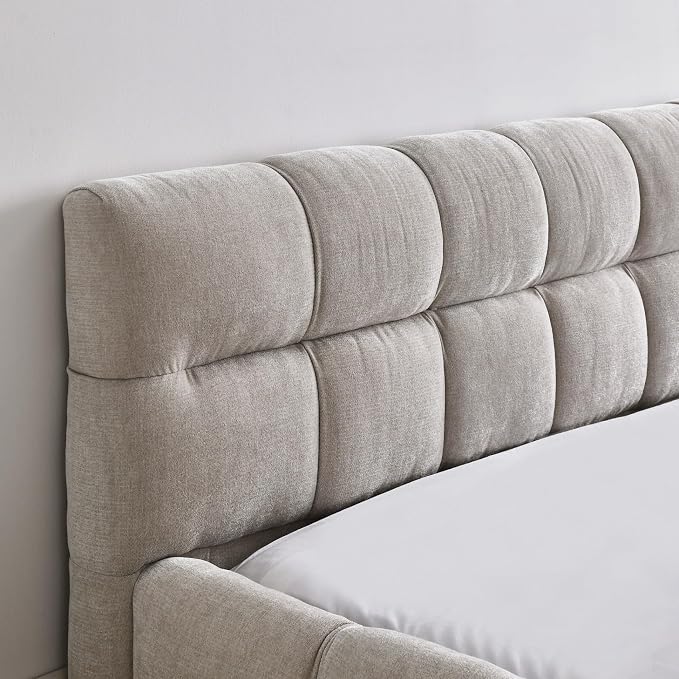 KEIKI Queen Thick Chenille Platform Bed Frame with Upholstered Tufted Headboard, Modern Solid Wood Floor Platform for Bedroom, No Box Spring Needed