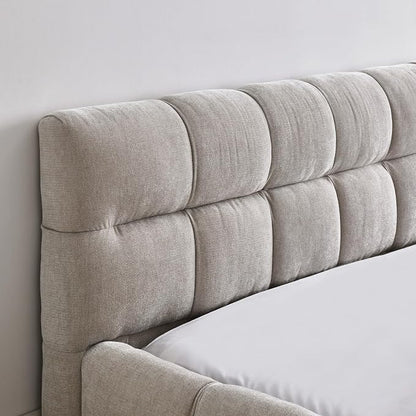 KEIKI Queen Thick Chenille Platform Bed Frame with Upholstered Tufted Headboard, Modern Solid Wood Floor Platform for Bedroom, No Box Spring Needed