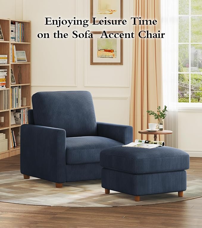 Kidirect 35.5in Oversized Accent Chair, Easy to Assemble Living Room Chairs, Corduroy Reading Chair for Bedroom, 22.5in Deeper Seats Accent Chairs for Living Room, Comfy Armchair Reading Nook, Navy