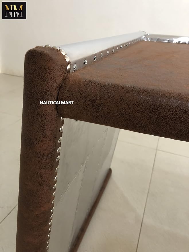 NauticalMart Brancaster Desk, Distress Chocolate Top Grain Leather & Aluminum Table Aviator Furniture Home and Office Decor (62 Inches)