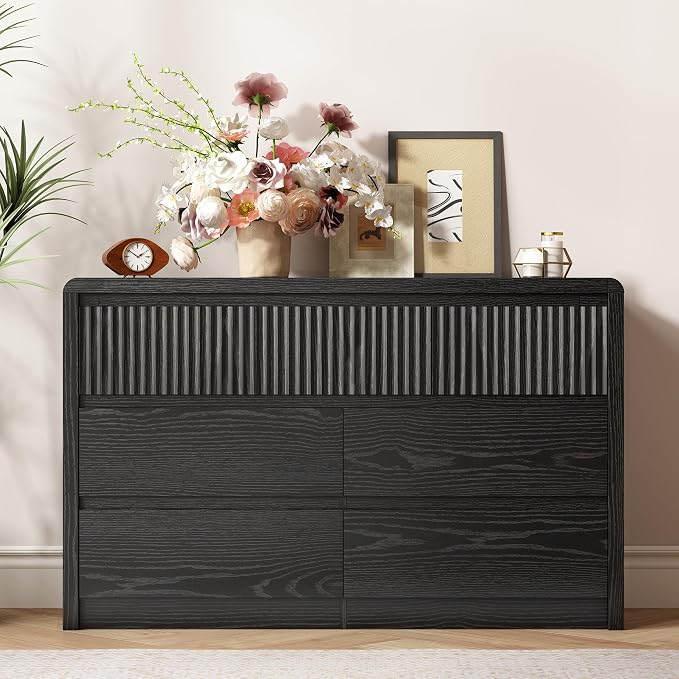 LYNSOM 7 Drawer Dresser for Bedroom, 50" Wide Fluted Dresser with Curved Corners, Wood Dressers & Chests of Drawers with Dual-Panel Design for Bedroom, Entryway, Black