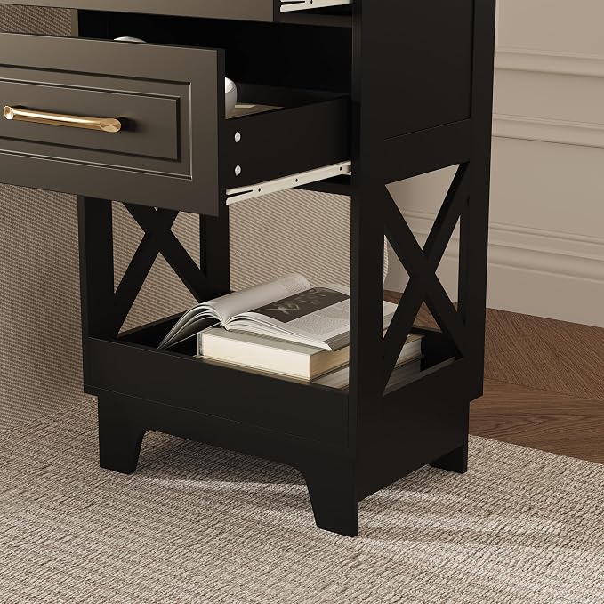 Tall Nightstand Set of 2 Side Table with 2 Drawers Modern Night Stand Wooden End Table Bedside Table with Below Open Shelf Solid Feet for Bedroom Black